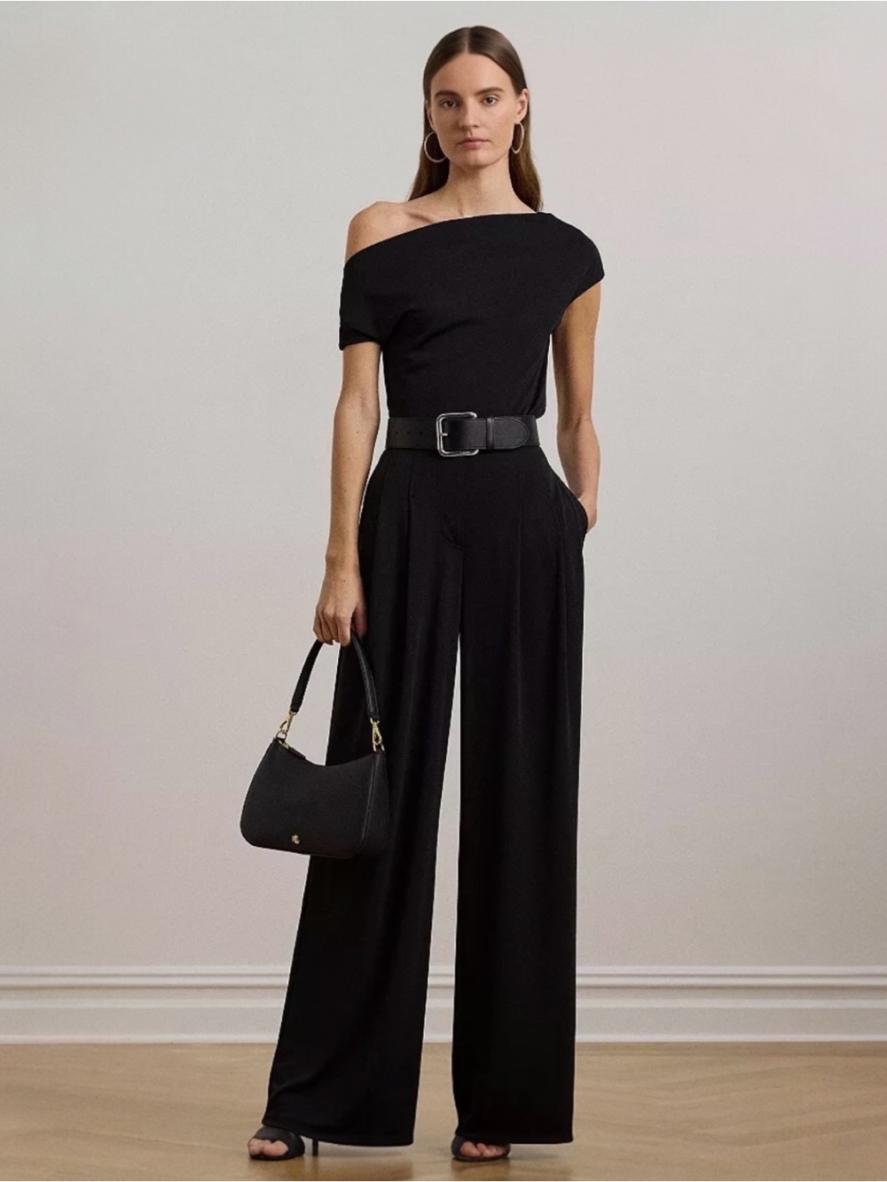 NWT Lauren Ralph Lauren Double-Faced Georgette Wide-Leg Pant Black